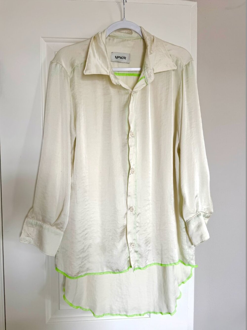 XPNCR Ivory Button-Down Shirt with Neon Green Trim